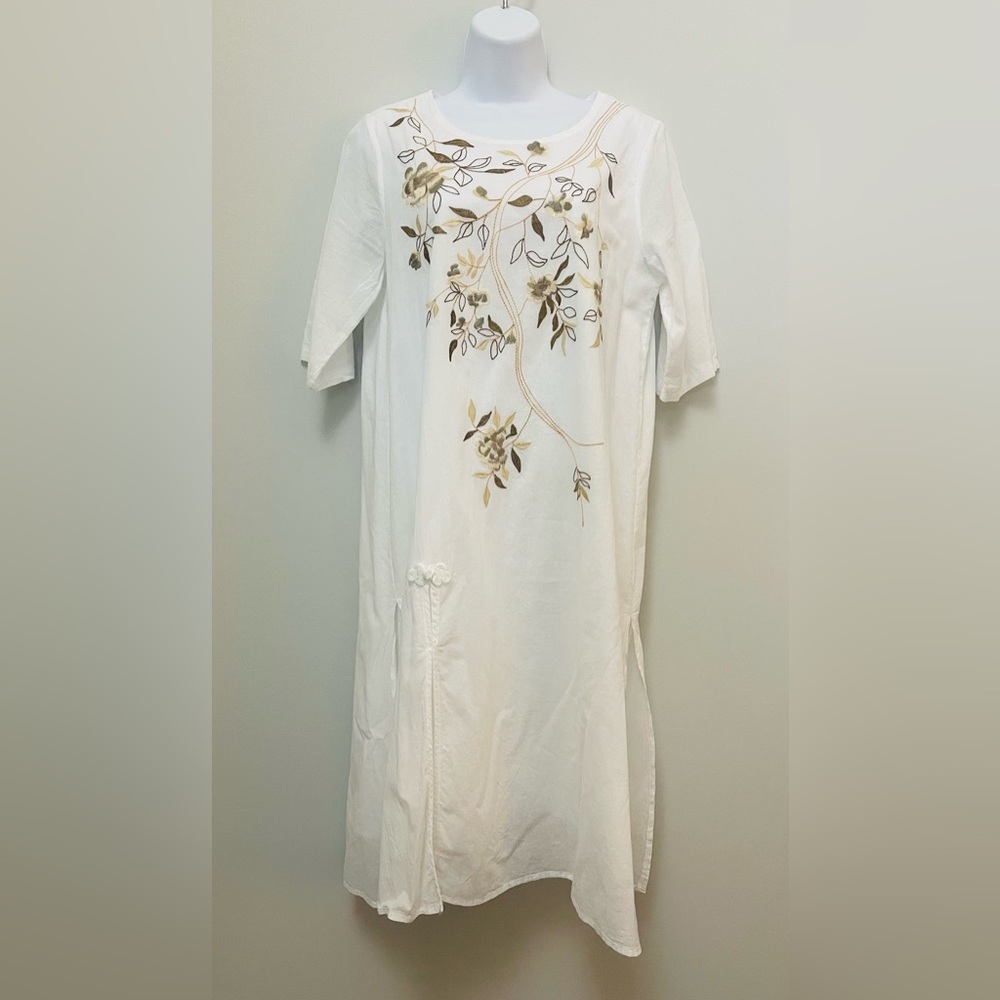 White cotton Floral Embroidered Midi Dress boho